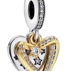 Shooting Star Hearts Double Dangle Charm, Gold-Plated For Pandora Bracelet Necklace 