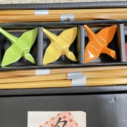 Happy Sales Sushi Set_ New in Box 5 Piece Crane Chopstick Set with Rests MC, Assorted