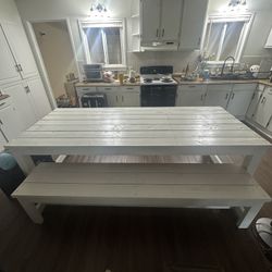 White Solid Wood Dining Table and Bench (8ft)