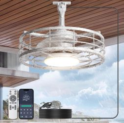 New 16" Outdoor Ceiling Fan Lights with Plug-in Cord for Gazebos IP65 Weatherproof, Distressed Caged