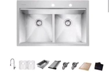 Glacier Bay 33 in. Drop-In 50/50 Double Bowl 18 Gauge Stainless Steel Kitchen Sink with Pull-Out Faucet