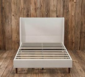 Queen Upholstered Platform Bed Frame with High Headboard – Beige Chenille