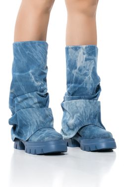 Blue Denim Ruched Slouch Boots