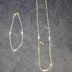 10k Gold Necklace & Bracelet With Rose Gold Hearts 