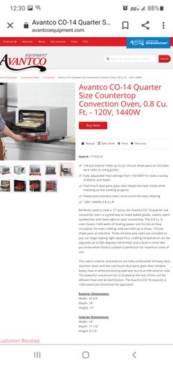 Avantco CO-14 Quarter Size Countertop Convection Oven, 0.8 Cu. Ft