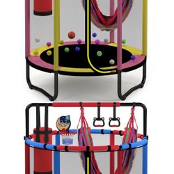 Mini Round Trampoline for Kids with Basketball Hoop, SEGMART 55'' Indoor Outdoor Toddler Trampoline with Enclosure Net, Swing, Sandbag, Ring, Ocean Ba