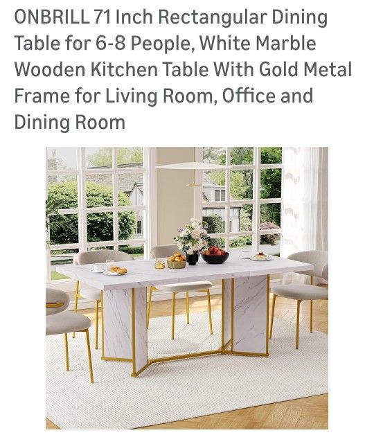 71 Rectangular Dining Table For 6-8 People,  White Murble Wooden Kitchen Table With Gold Metal Frame 