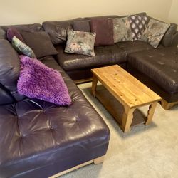 Quality Feather Filled Leather Eggplant Purple Sectional Couch Sofa Furniture 