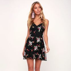 Lulus Favorite Fleur Black Floral Mesh Embroidered Skater Dress (Size XS)