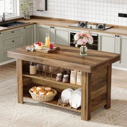 Used - 55" Kitchen Island With Storage, Farmhouse Island Table Counter Height Bar Table