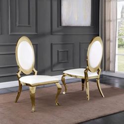 White faux Leather Gold Stainless Steel Side Chair Set (2)