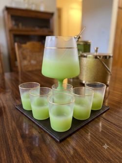 Vintage Mid-Century Frosted Lime Green & Gold Cocktail Pitcher Set with 6 Glasses