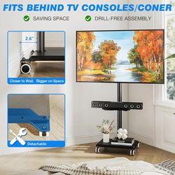 Rolling TV Stand with Wheels - Mobile TV Cart for 32～65 Inch Plasma LCD LED OLED TVs, Height Adjustable Floor TV Mount with Media Tray, Portable TV