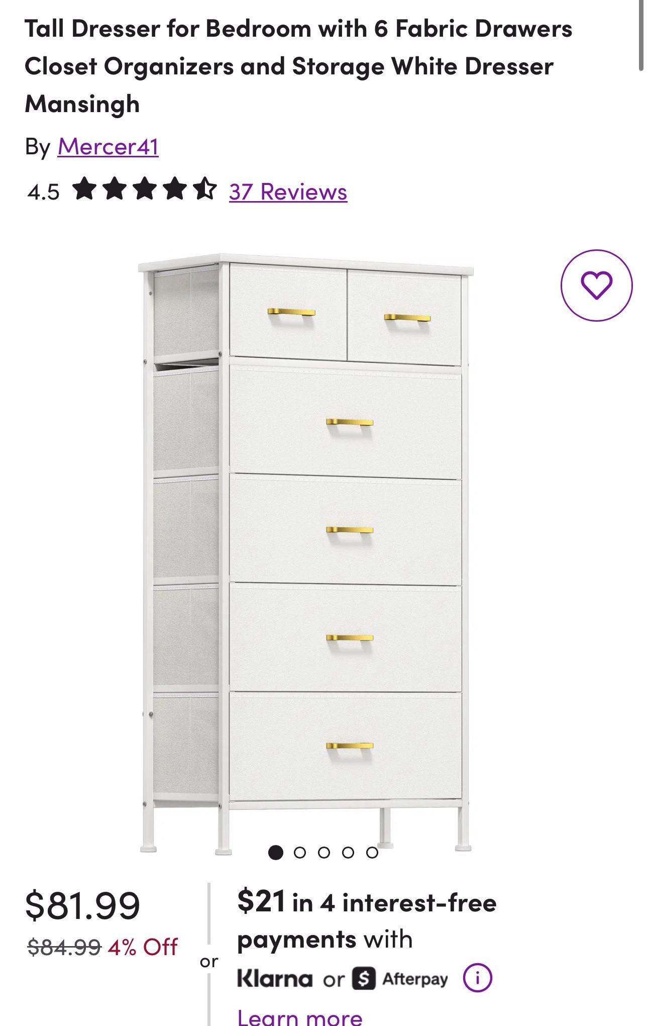 Tall Dresser for Bedroom with 6 Fabric Drawers Closet Organizers and Storage White Dresser