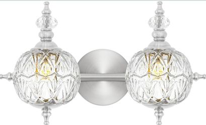 Brushed Nickel Bathroom Vanity Light Fixture Vintage Style - 2 Light G9 Bulb Compatible, 17" Wide Bathroom Lighting Over Mirror with Hand-Etched Glass