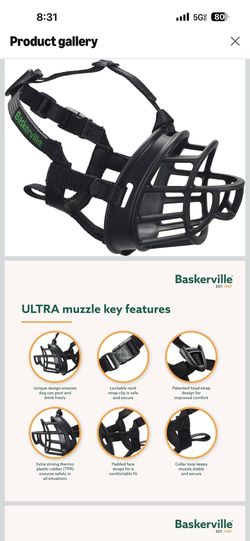 Baskerville ULTRA Muzzle - Patented Humane Design, Breathable, Dog can Pant and Drink, Adjustable, Padded, Dog Training Muzzle for Large Dogs, Prevent