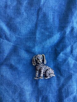Shiny Dachshund Vintage Brooch W/ Silvery Grey Base & White  Rhinestones