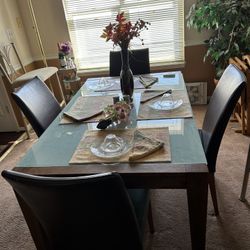 Dining Room 4 Piece Wood, Leather And Glass Set