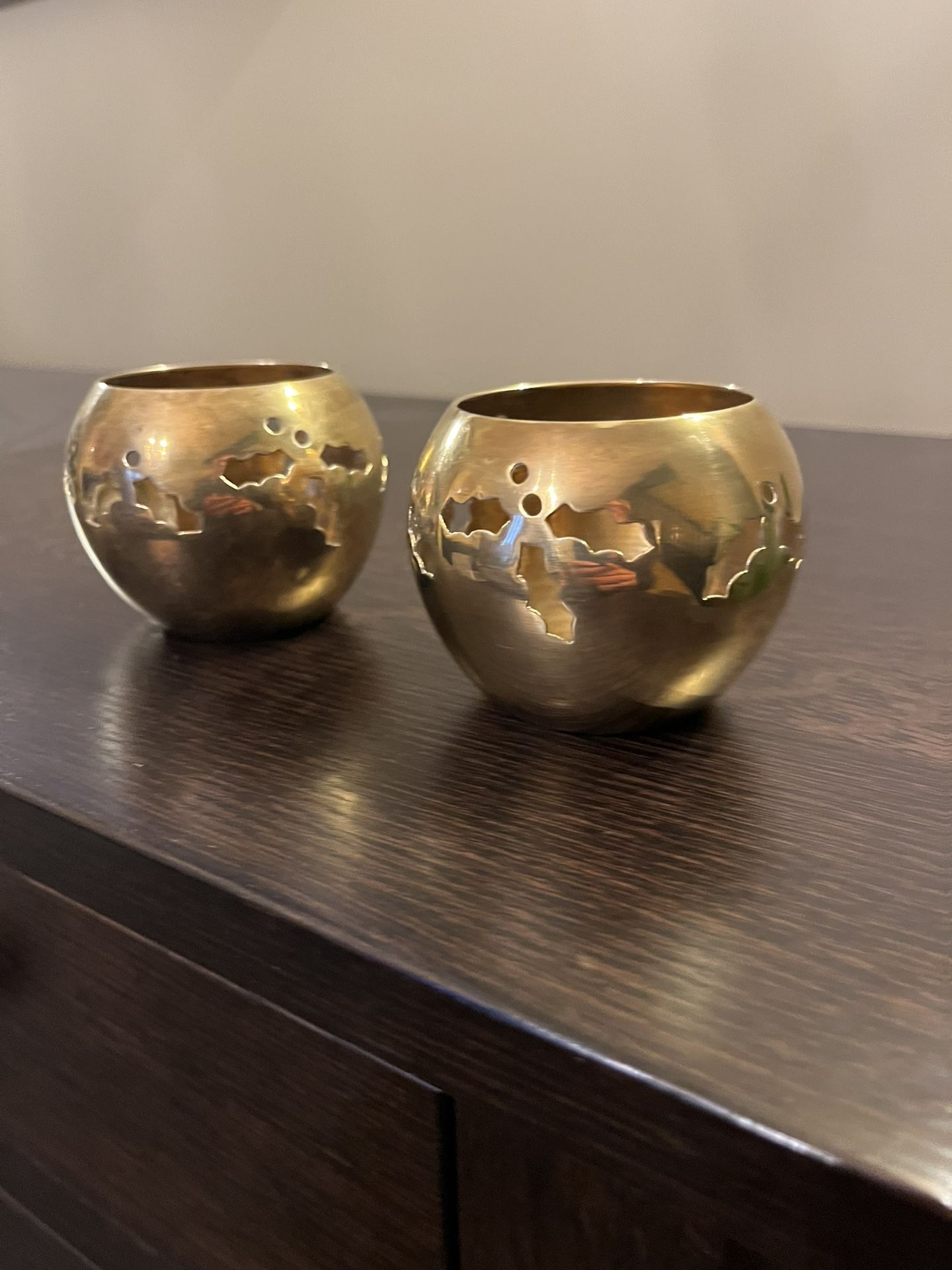 Pair Vintage Brass TeaLight Holders Christmas Holly Berries Cutouts