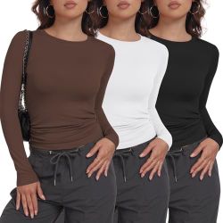 3 Pack Womens Long Sleeve Shirts Crew Neck Basic Stretchy Fitted Y2K Tops Going Out Fashion Clothes