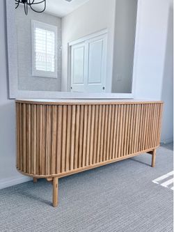Minimalist oval oak wood entertainment center - LIKE NEW (original price $800)