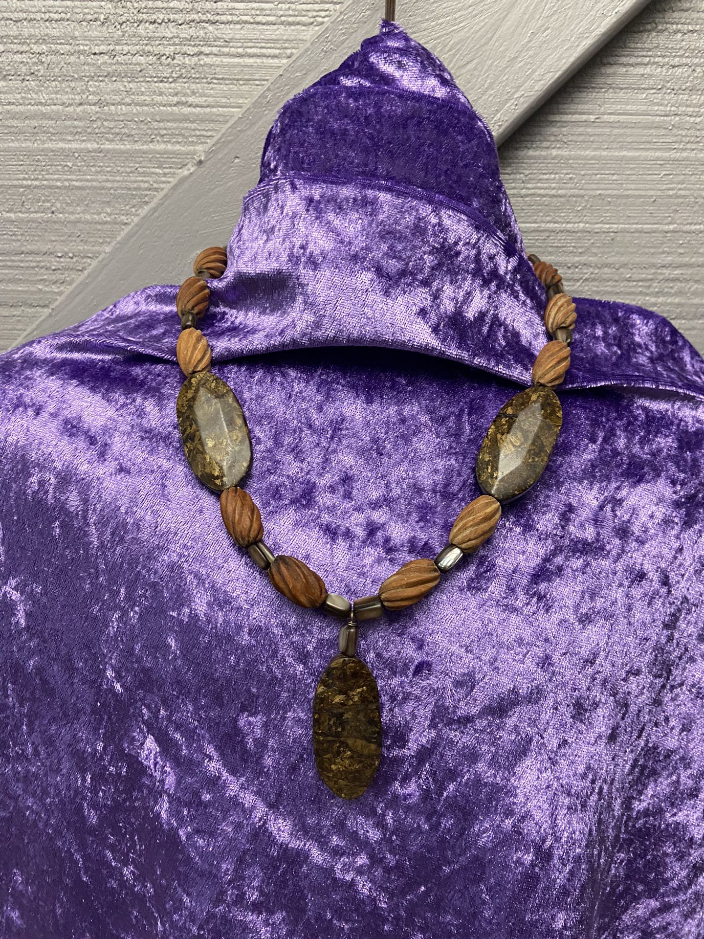 Vintage Bronzite, Black Agate, and Wooden Bead Necklace 