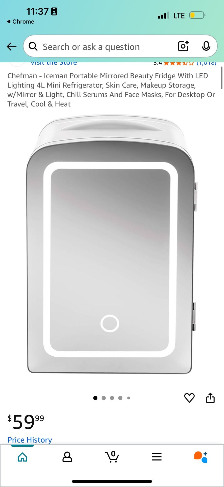 Brand New Chefman - Iceman Portable Mirrored Beauty Fridge With LED Lighting 4L Mini Refrigerator, Skin Care, Makeup Storage, w/Mirror & Light, Chill 