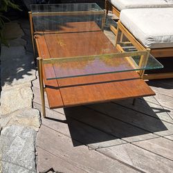 Mid Century Modern Coffee Table : Glass & Wood w/ Brass Legs