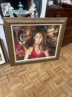 Vintage 1970s original wood framed oil painting 38 by 32