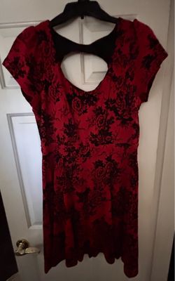 Red dressy dress with black velvet roses