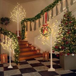 3 Pack 4FT 5FT and 6FT 300LED Christmas Lighted Birch Tree, Timer Function Prelit Artificial Tree Lamp Plug in with Warm White Lights, Twinkling Twig 