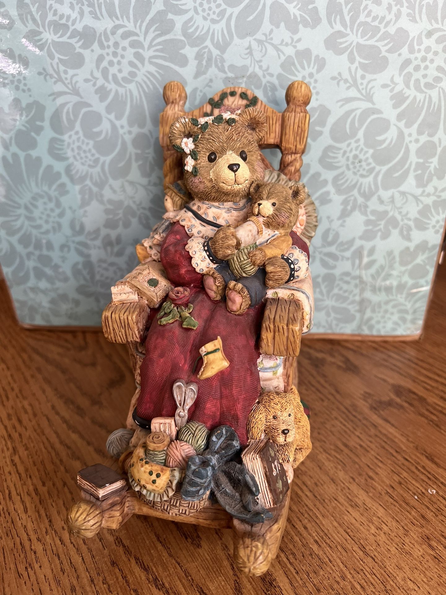 Vintage Mother and Baby Bear in Rocking Chair Musical Figurine~Play Small World