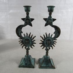 Andrea by Sadek Celestial Brass Sun Moon & Star Vintage Candle Holders
