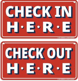 Check In Here/Check Out Here Sign Hanging from Ceiling - 12 x 6 in.NIP