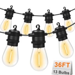 New Unboxed LED Outdoor String Lights 36FT Patio Lights with 13 Shatterproof S14 Replaceable Bulbs(1 Spare), Outside Hanging Lights Waterproof for Por
