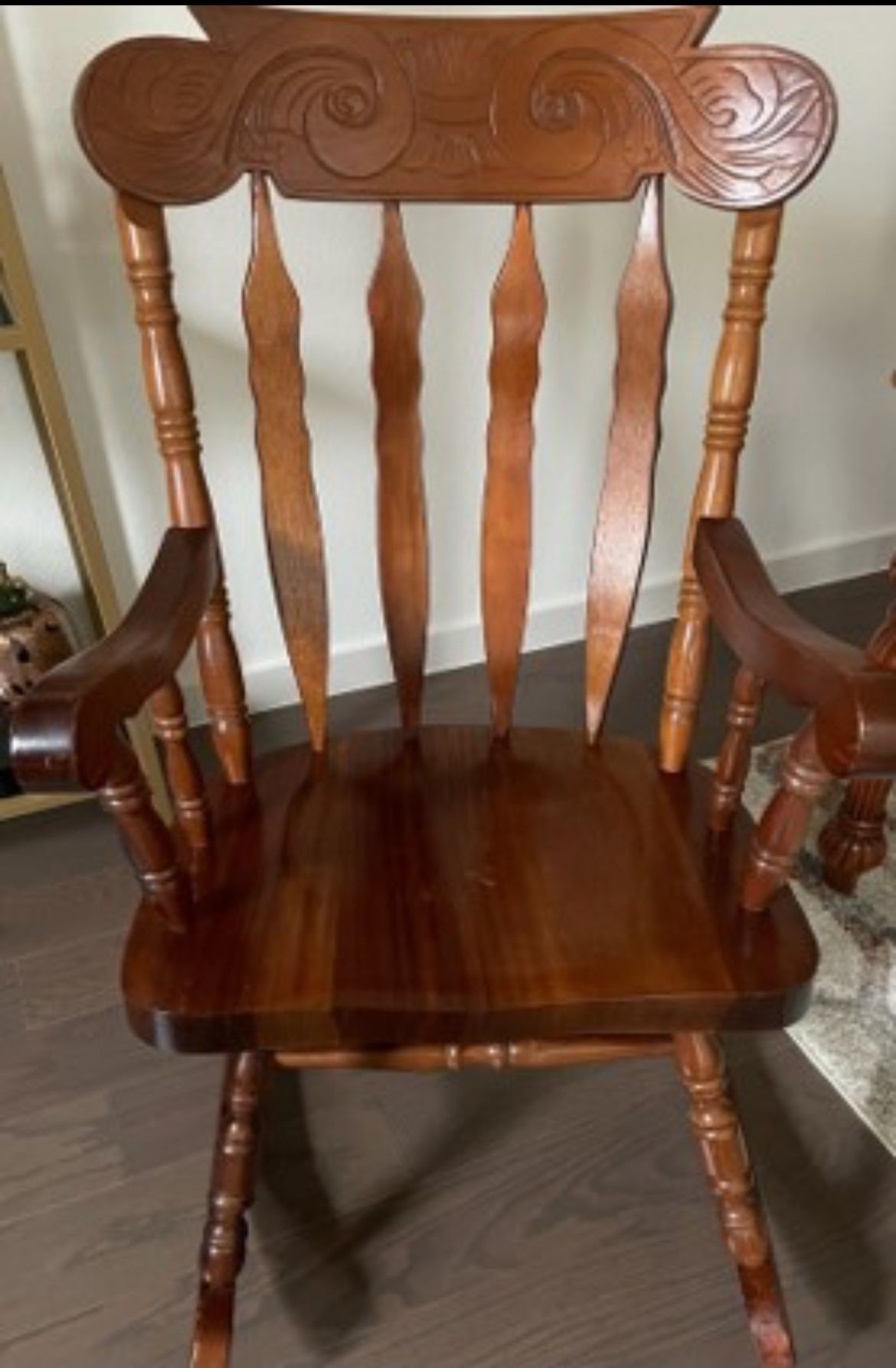 Solid Oak Rocking Chair (XL Seating), Engraved Headrest, Good Condition