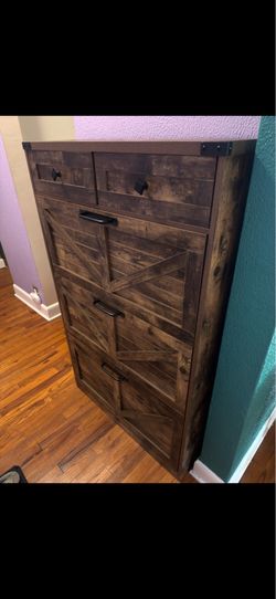 Rustic Farmhouse Shoe Storage Cabinet – 3 Tilt-Out Compartments & 2 Drawers