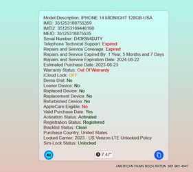 Apple iPhone 14 Unlocked Midnight color 128GB MPUA3LL/A  