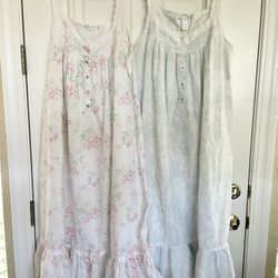 2- Eileen West Floral Sleeveless Cottagecore Nightgown Size Large. First White With Dainty Pink Floral - The Second One White With Baby Blue Floral 
