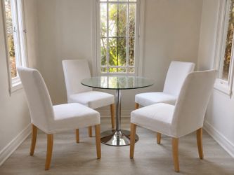Glass Top Pedestal Table with 4 custom chairs