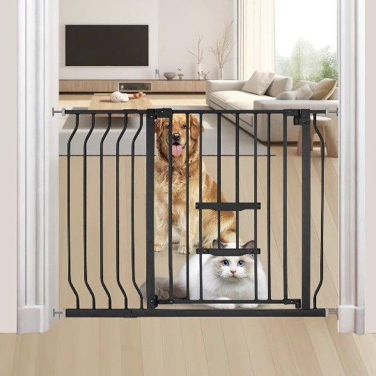 Black Baby Safety Gate With Mini Dog Door, Pressure Mounted Or Hardware Installed. New, Sealed In Box