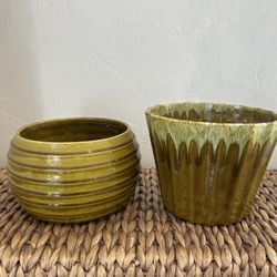 Vintage Lot 2 Mid Century Glazed Planter Pots Vases Urn Plant Flower Pots Collectible Green Stoneware MCM Retro 
