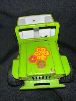Vintage 1970s Tonka Jeep Pressed Steel Lime Green Flower Power Hippie Toy •