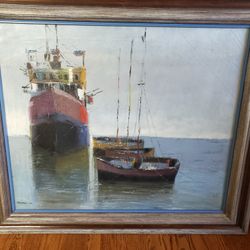 Original Artist Harbor Scene Oil On Canvas 