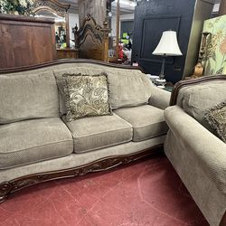 Ashleys furniture wood sofa with matching oversized chair