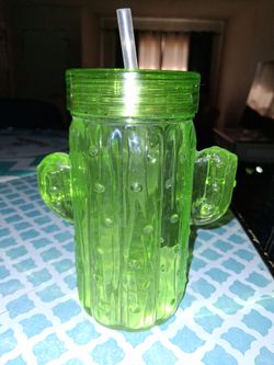 Green Cactus Shaped Drinking Cup with Straw