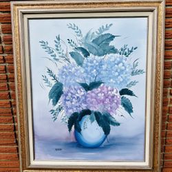 Large Signed Hydrangea Oil Painting 