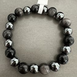 New, Men’s Silver Sheen Obsidian And Hematite Stone Bracelet. Jewelry Bag Included.