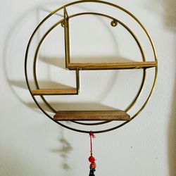 Modern Round Wall Shelf – Gold Metal Frame with Wood Shelves