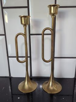 Two Graduated Brass Bugle Horn Candlestick Holders 8" & 9"
